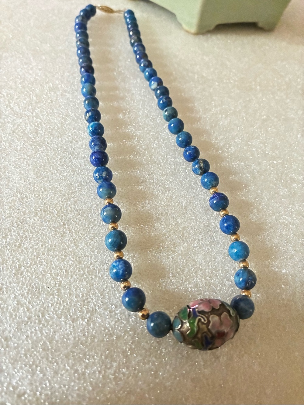 Blue Beaded Necklace with Floral Cloisonné Accent - Women Jewelry